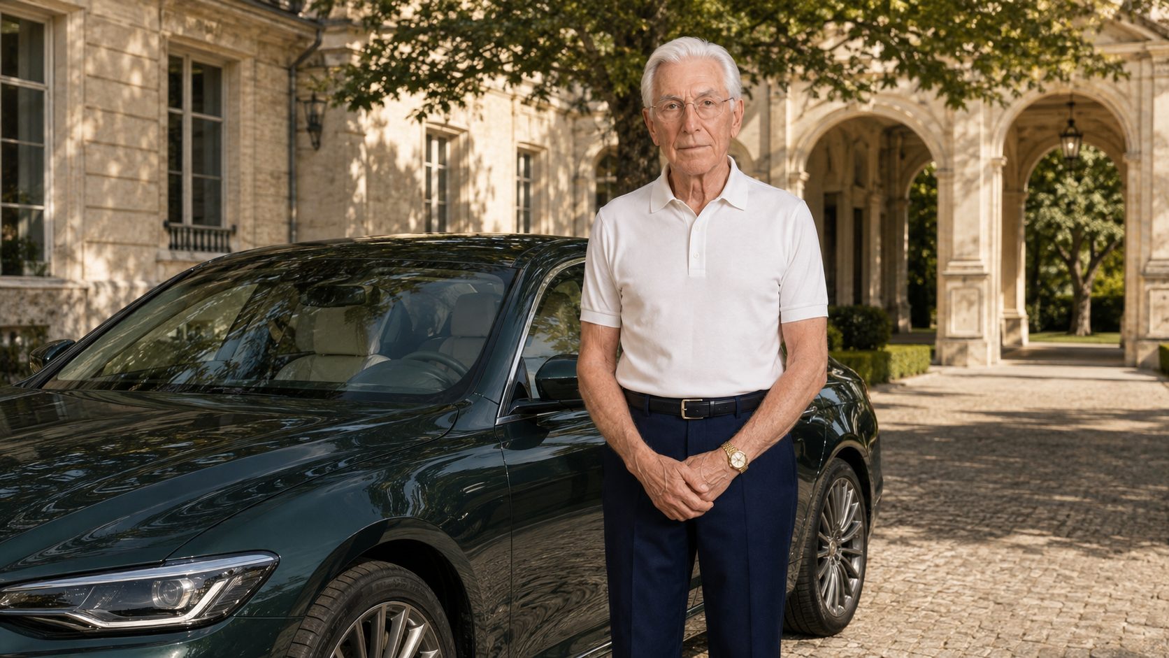 Harrison Sterling beside a classic dark green car
